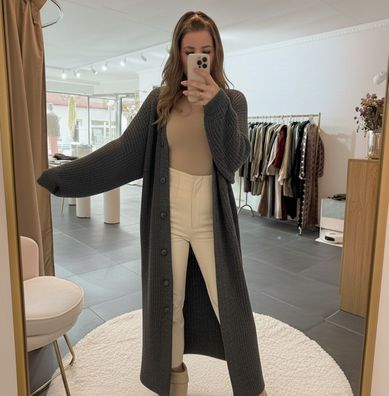 Strickjacke Long Damen Lena Dunkelgrau Onesize XS-XL Frauen Langer Strick Jacke