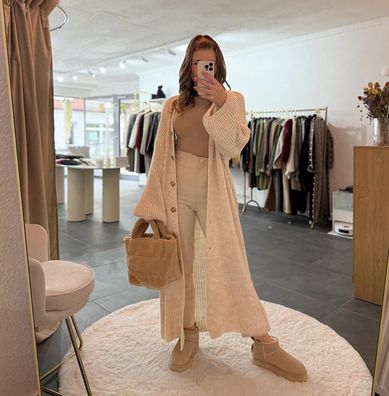 Strickjacke Long Damen Lena Creme Onesize XS-XL Frauen Langer Strick Jacke