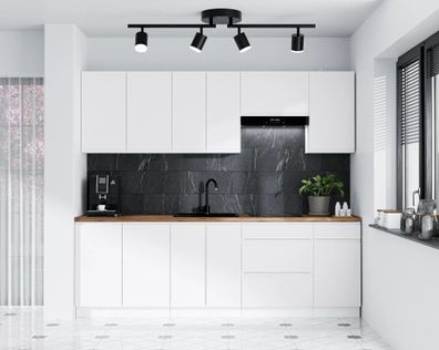 AX LIVING Aquileia Küchenzeile 240 cm - Weiß Matt mit Arbeitsplatte Eiche Artisan