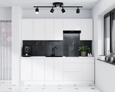 AX LIVING Aquileia Küchenzeile 240 cm - Weiß Matt mit Arbeitsplatte Marmor Bianco