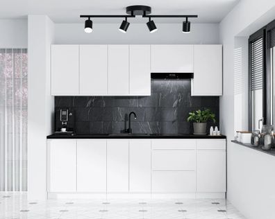 AX LIVING Aquileia Küchenzeile 240 cm Weiß Matt mit Arbeitsplatte Vulkanisch Schwarz