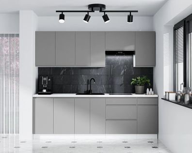 AX LIVING Aquileia Küchenzeile 240 cm - Grau mit Weißem Korpus & Marmor Bianco Platte