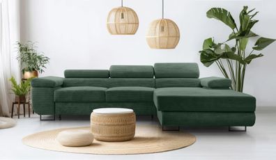 AX LIVING Cord Couch L Form - Arborio R 280 cm Ecksofa in Dunkelgrün