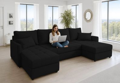 AX LIVING Ecksofas groß Dolceo 287 cm - Sofa schwarz mit Schlaffunktion & Ottomana