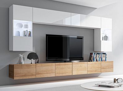 AX LIVING Wohnwand Modern Kossana 1 ? 300 cm Breite, Weiß/Goldene Eiche