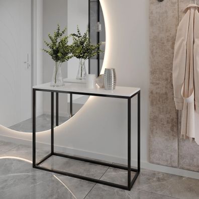 AX LIVING Flur Konsolentisch Lortie 80cm weiß schwarzes Metallgestell