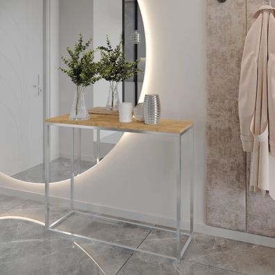 AX LIVING Flur Konsolentisch Lortie 80cm Wotan Eiche mit Chrom-Gestell