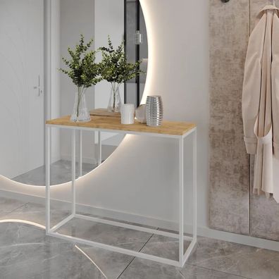 AX LIVING Flur Konsolentisch Lortie 80 cm Wotan Eiche weißes Gestell
