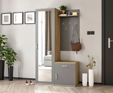 AX Living Garderobe mit Spiegel Magnola - 100 cm Breit, Artisan & Grau