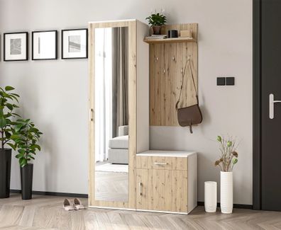 AX Living Garderobe mit Spiegel Magnola - 100 cm Breit, Weiß & Artisan