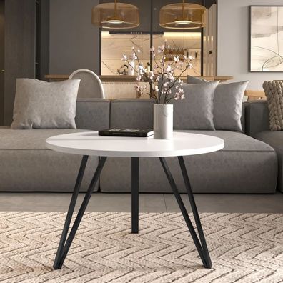 AX LIVING Couchtisch rund Cossie 67 cm weißer Tisch Schwarzes Gestell