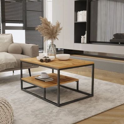 AX LIVING Modern Wohnzimmertisch Pokie 90 cm Eiche Schwarzes Gestell