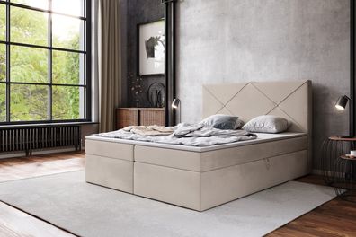 AX LIVING Boxspringbett 140x200 Bratton - Beige Samt mit Bettkasten & Topper