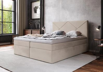 AX LIVING Boxspringbett 200x200 Bratton - Beige Samt mit Bettkasten & Topper