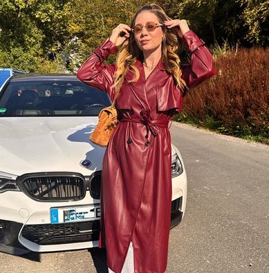 Ledertrenchcoat Damen Abby Weinrot One Size XS-XL, Frauen Leder Trenchcoat 1,28 m