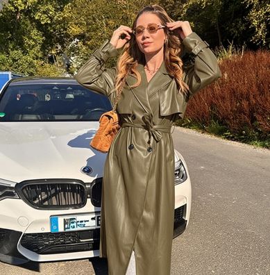 Ledertrenchcoat Damen Abby Khaki One Size XS-XL, Frauen Leder Trenchcoat 1,28 m