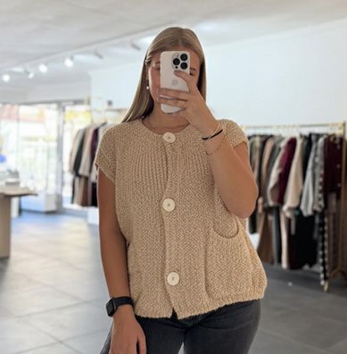 Weste Cosy Boucle Damen Emma Beige Onesize XS-XL, Frauen Weste mit Knöpfen Frau