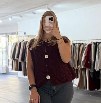 Weste Cosy Boucle Damen Emma Weinrot Onesize XS-XL, Frauen Weste mit Knöpfen Frau