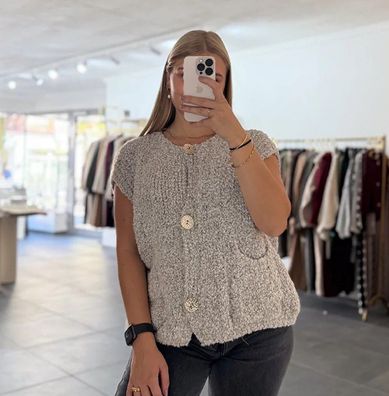 Weste Cosy Boucle Damen Emma Hellgrau Onesize XS-XL, Frauen Weste mit Knöpfen Frau