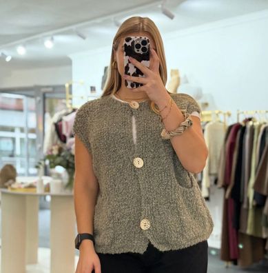 Weste Cosy Boucle Damen Emma Khaki Onesize XS-XL, Frauen Weste mit Knöpfen Frau
