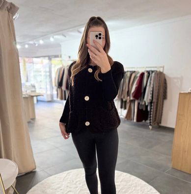 Weste Cosy Boucle Damen Emma Schwarz Onesize XS-XL, Frauen Weste mit Knöpfen Frau