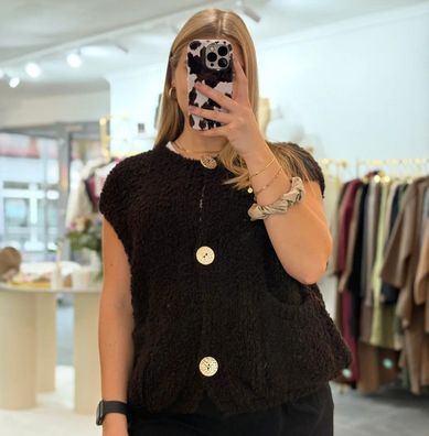 Weste Cosy Boucle Damen Emma Dunkelbraun Onesize XS-XL, Frauen Weste mit Knöpfen Frau