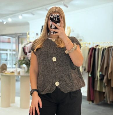 Weste Cosy Boucle Damen Emma Braun-Grau Onesize XS-XL Frauen Weste mit Knöpfen