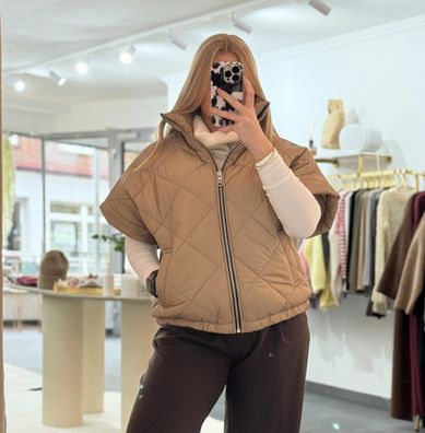 Steppweste Damen Marie Hellbraun Onesize XS-XL Frauen Stepp Weste mit Reißverschluss