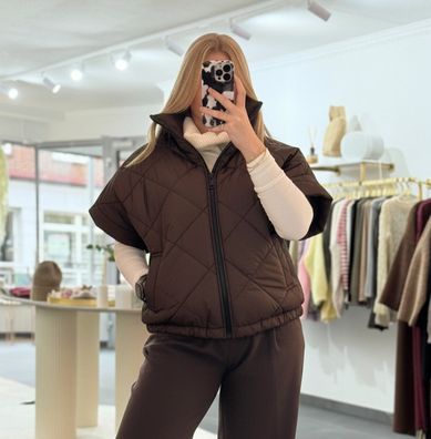 Steppweste Damen Marie Dunkelbraun Onesize XS-XL Frau Stepp Weste mit Reißverschluss