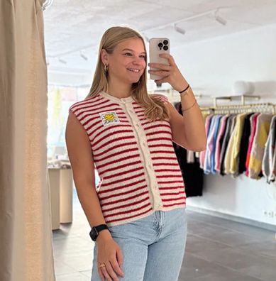 Strickweste gestreift Damen Alina Weiß - Rot Onesize XS-XL Frauen Strick Weste