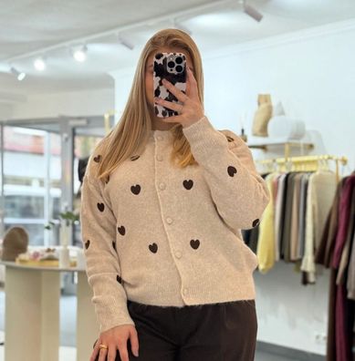 Cardigan mit Herzen Jacke Damen Helena Creme Onesize XS-XL Frauen Langarm Jacken