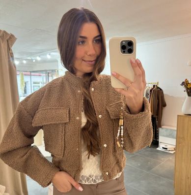 Damen Boucle Jacke Isa Braun Onesize XS-XL Frauen Bouclejacke Übergangsjacke