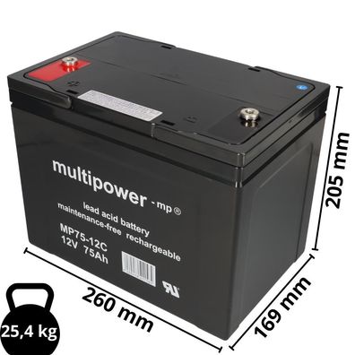 Multipower MP75-12C AGM Akku 12V 75Ah M6 – zyklenfest für Elektromobil & Rollstuhl