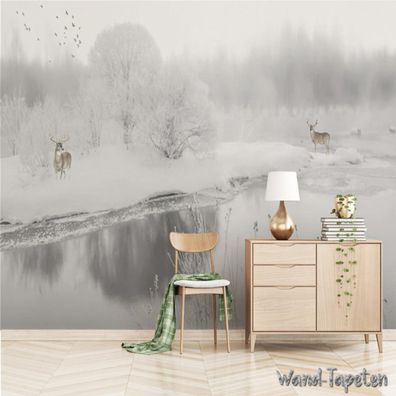 Vlies Fototapete Wandtapete Wandbilder Modernes Verschneiten Rentieren 4160