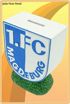 Spardose 1. FC Magdeburg Wappen Blau Weiß Sparbüchse Logo Gr: 10,2x6,6x14,6cm NEU