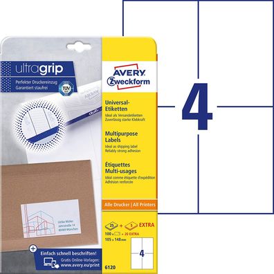 AVERY Zweckform 6120 Universal Etiketten (100 plus 20 Klebeetiketten extra, 105x148mm