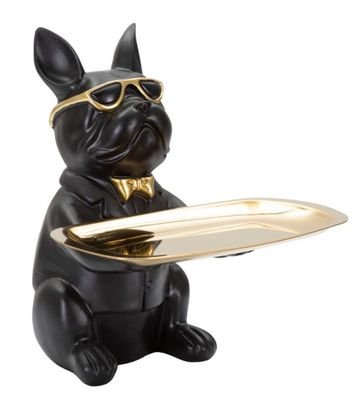 Figur Hund Bulldogge Cool schwarz sitzend Tierfigur mit goldenem Tablett H 23,5 cm