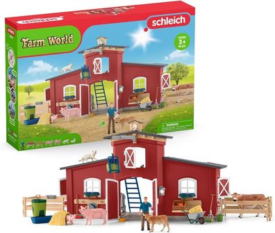 schleich FARM WORLD | Große rote Farm mit Bauernhaus 42606 | Set inkl. Haus, Bauer, K