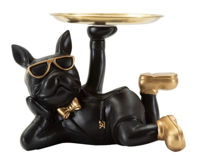 Figur Hund Bulldogge Cool schwarz liegend Tierfigur mit goldenem Tablett H 18,5 cm