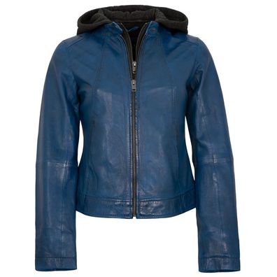 Jilani Collection - Damen Lederjacke Lammnappa Kapuze blau