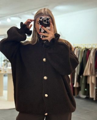 Cardigan mit Rüschen Jacke Leonita Dunkelbraun Onesize XS-XL Damen Langarm Cardigan
