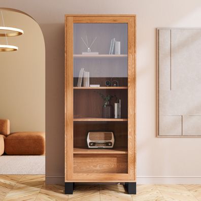 Industrielle Axel-Vitrine, Massivholz Eiche