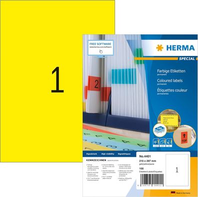 HERMA 4401 Farbige Etiketten gelb, 100 Blatt, 210 x 297 mm, 1 pro A4 Bogen, 100 Stück
