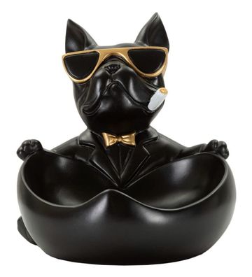 Dekofigur Hund Ball Cool schwarz klein sitzend mit Brille vor Napf H 20 cm
