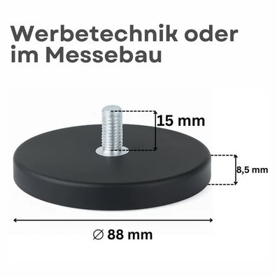 1 Stück Gummitopfmagnet Ø88?mm mit M8 Innengewinde – starker Neodym-Magnet mit Schutz