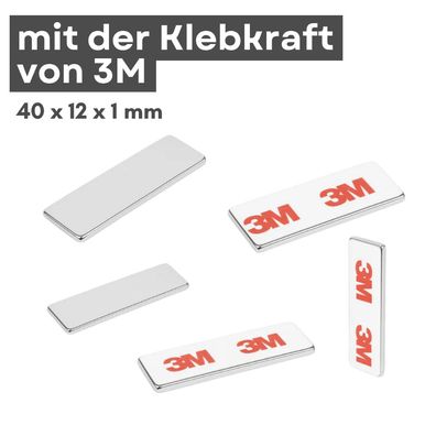 20 Stück 3M Selbstklebender Neodym-Magnet 40x12x1 mm – Superstarker Quadermagnet N42