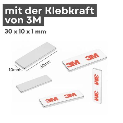 50 Stück 3M Selbstklebender Neodym-Magnet 30x10x1 mm – Superstarker Quadermagnet N42