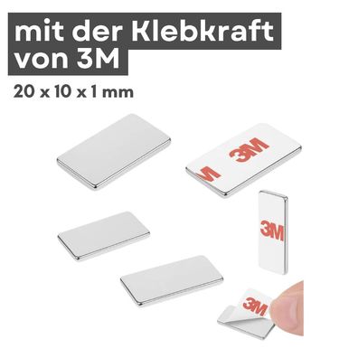 100 Stück 3M Selbstklebender Neodym-Magnet 20x10x1 mm – Superstarker Quadermagnet N42