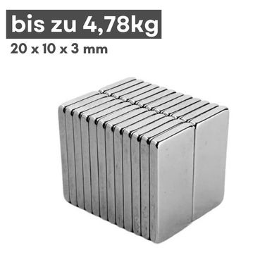 5 Stück Neodym Magnet 20mm x 10mm x 3mm - N42 Supermagnet - Quadermagnete - Hohe Haft