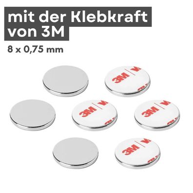 10 Stück 3M selbstklebend Scheibenmagnet Ø 8mm x 0,75mm Haftkraft 370 g